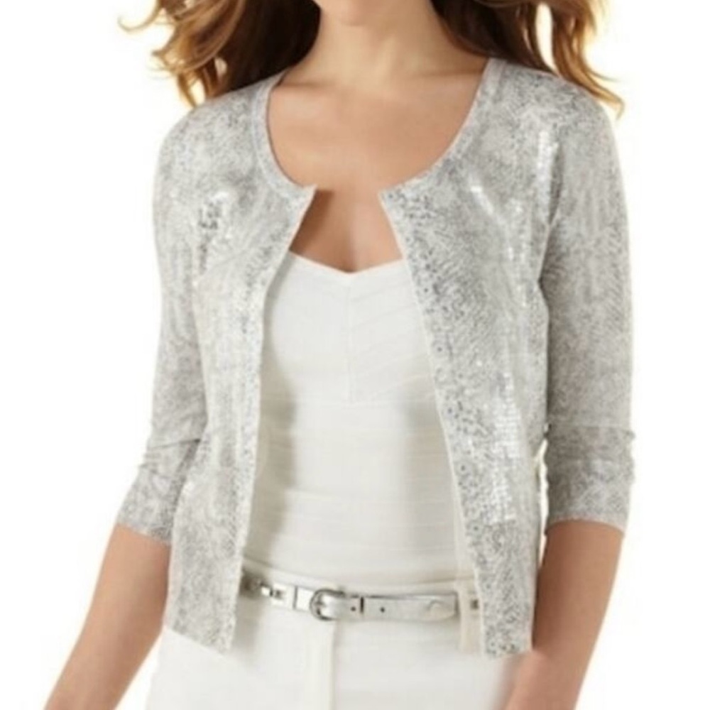 White House Black Market Gray Sweater Muted Snake pattern clear sequins on front